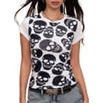 thumbnail image 1 of Michellecmm Women's Summer Slim Tops Short Sleeve Round Neck Skull Print Rhinestone T-shirts, 1 of 8