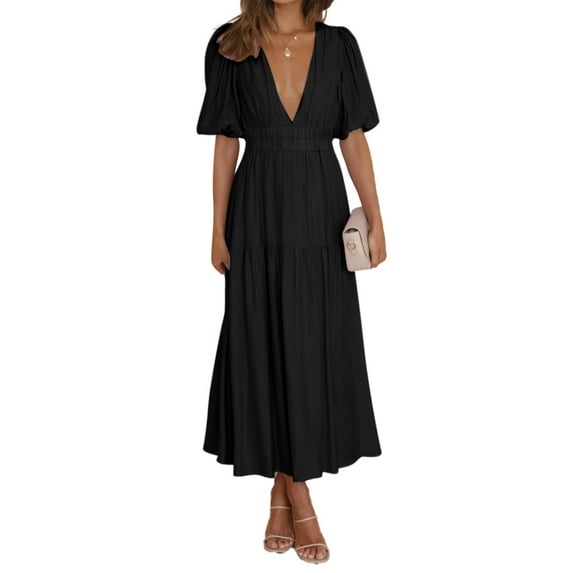 Michellecmm Women's Summer Solid Color Short Sleeve V Neck Pleated Dress