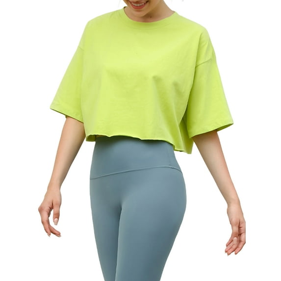 Michellecmm Women's Summer Sports Crop Cotton T-Shirt Solid Color Short Sleeve Round Neck Loose Show Navel Yoga Tops