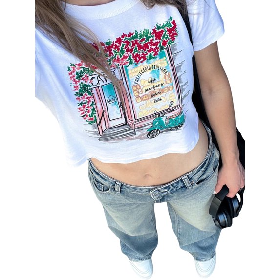 Michellecmm Women's Summer Tops White Short Sleeve Letter Cherry Print T-shirt