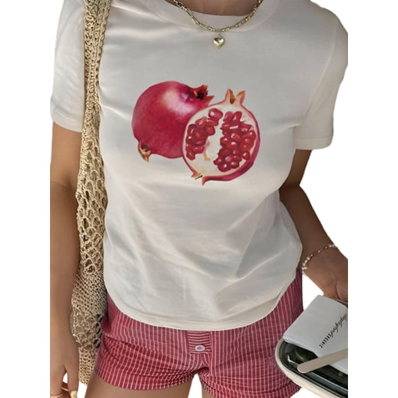 Michellecmm Women's T-Shirt Floral/Starfish/Pomegranate Print Round Neck Tops