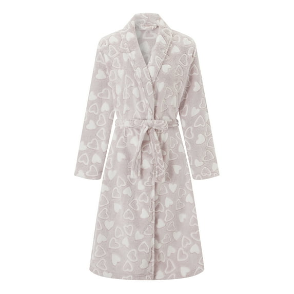 Michellecmm Women's Thick Flannel Bathrobe Heart Print Long Sleeve Fuzzy Plush Shawl Collar Bath Robe with Belt