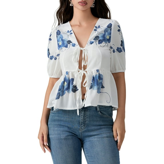 Michellecmm Women’s Tie Front Peplum Tops Puff Sleeve V Neck Floral Print Shirts