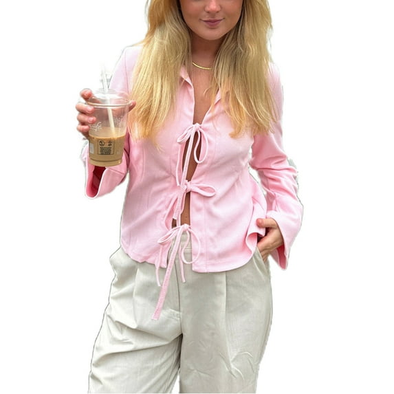 Michellecmm Women's Tie Front Tops Fitted Solid Color Lapel Neck Long Sleeve Blouse for Fall Streetwear