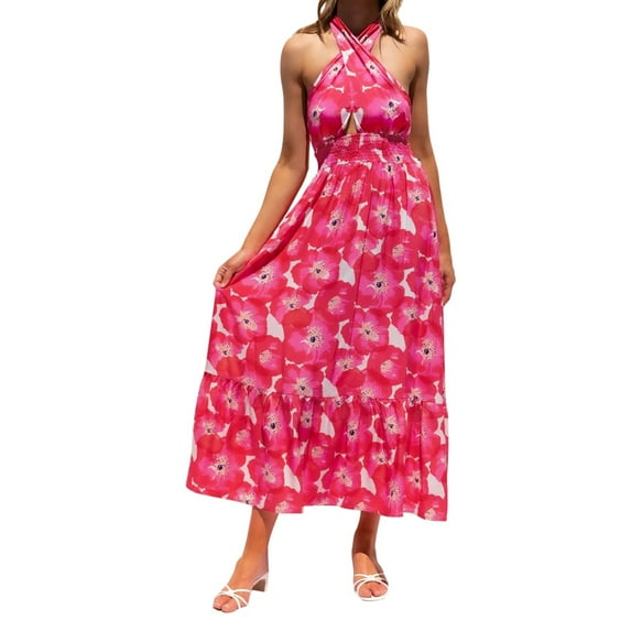 Michellecmm Women's Tie-Up Halter Dress, Flower Print Cutout Sleeveless Long Dress
