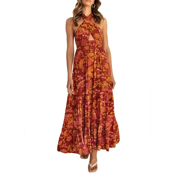 Michellecmm Women's Tie-Up Halter Dress, Flower Print Cutout Sleeveless Long Dress