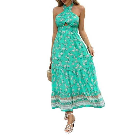 Michellecmm Women's Tie-Up Halter Dress, Flower Print Cutout Sleeveless Long Dress