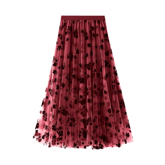 Michellecmm Women’s Tulle Long Skirt, Vintage High Waist Flocked Floral Print Midi A-line Skirt
