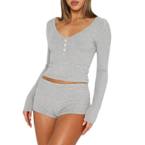 Michellecmm Women’s Two Piece Outfits Set Long Sleeve Button Up V Neck Crop Tops and Shorts Set Loungewear