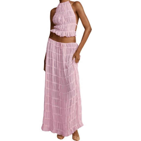 Michellecmm Women’s Two Piece Summer Outfits Sleeveless Ruched Halter Cami Tops and Long Skirt Set Beachwear