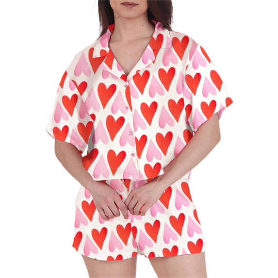 Michellecmm Women's Valentine's Day Lounge Set Short Sleeve Heart Print Shirt Shorts Sleepwear Sets
