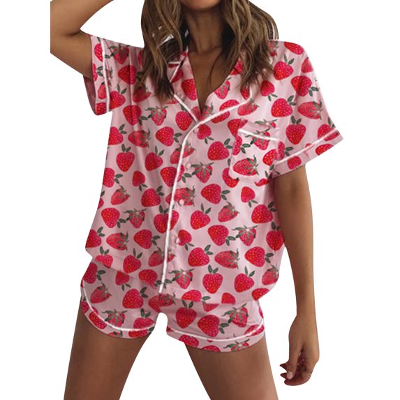 Michellecmm Women's Valentine's Day Satin Pajamas Short Sleeve Heart/Bow/Strawberry Print Shirt Shorts Sleepwear Sets