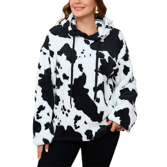 Michellecmm Women's Winter Plush Hooded Sweatshirt Long Sleeve Cow Print Loose Drawstring Hoodie