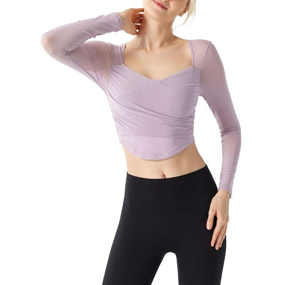Michellecmm Women's Workout Crop Tops Mesh Long Sleeve Back Cutout Yoga T-Shirts