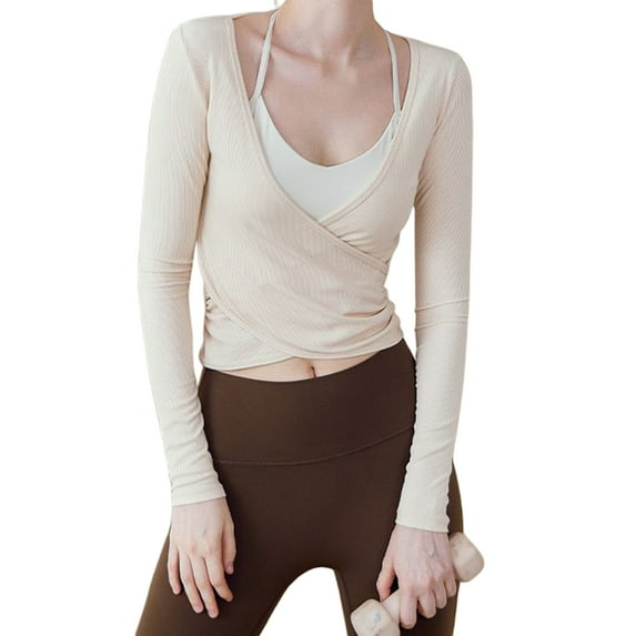 Michellecmm Women's Workout Tops V Neck Long Sleeve Deep Wrap Front Yoga Shirts Breathable Active Tops