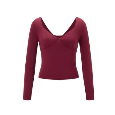 Michellecmm Womens Deep V Neck Tops Solid Color Long Sleeve Backless Slim Fit Crop Shirts Casual Streetwear