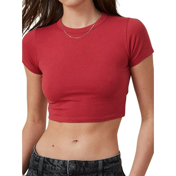 Michellecmm Womens Fitted Crop Tops Solid Color Short Sleeve Cropped T-shirt