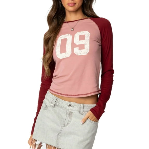 Michellecmm Womens Graphic Fall T-Shirt Slim Number Print Raglan Long Sleeve Round Neck Crop Shirt Casual Streetwear