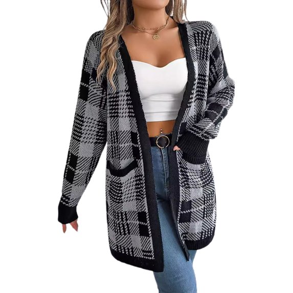 Michellecmm Womens Plaid Long Cardigan Open Front Long Sleeve Sweater with Pockets Casual Streetwear