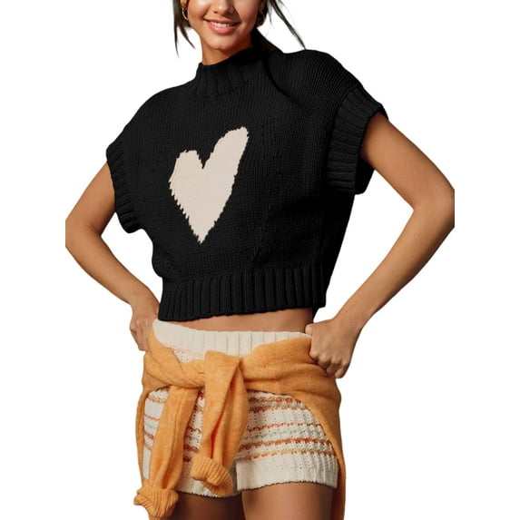 Michellecmm Womens Short Sleeve Sweater Heart Mock Neck Crop Knitted Tops Casual Streetwear