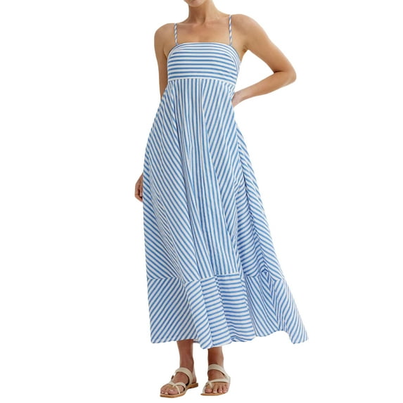 Michellecmm Womens Striped/Floral Print Swing Maxi Dress Smocked Backless Spaghetti Strap Flowy Sundress with Pocket Vacation Long Dress