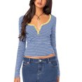 thumbnail image 1 of Michellecmm  Womens Striped Knit Tops Slim Notch V Neck Long Sleeve Shirt, 1 of 7