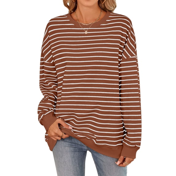 Michellecmm Womens Striped Sweatshirt Loose Crew Neck Long Sleeve Casual Tops