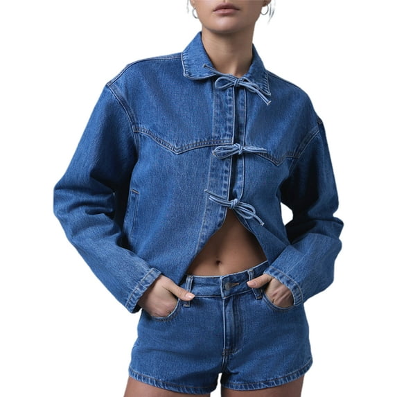 Michellecmm Womens Tie Front Denim Jacket Solid Lapel Neck Long Sleeve Jean Tops Casual Outerwear
