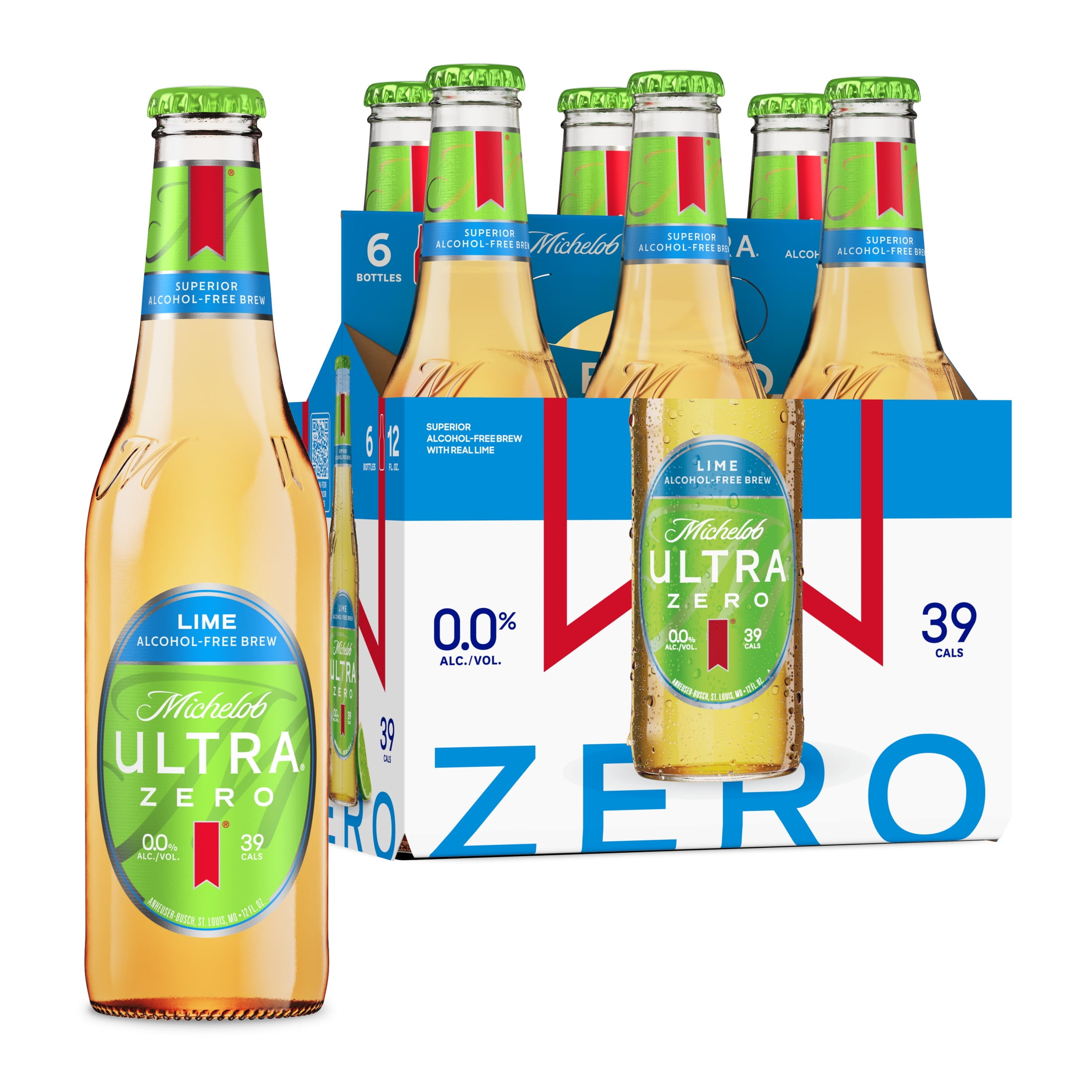 Michelob Ultra Zero Lime Non-Alcoholic American Lager Beer, 6 Pack, 12 fl oz Glass Bottles, 0% ABV