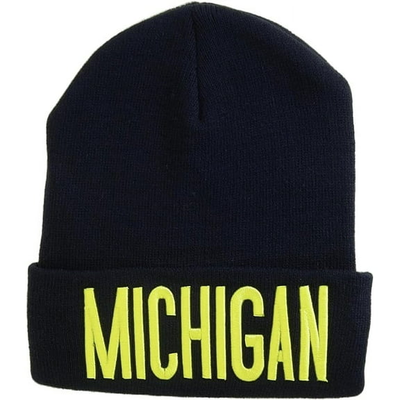 Michigan Adult Size Bold Lettering Winter Knit Cuffed Beanie Hat (Navy/Gold)