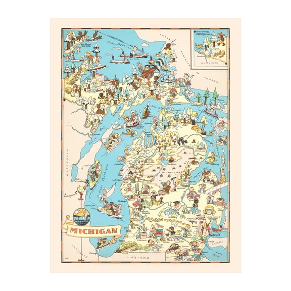 Michigan Art, 1935 Vintage Map of Michigan History Wall Decor Gift, Old Michigan Map - 18" x 24" Unframed Print