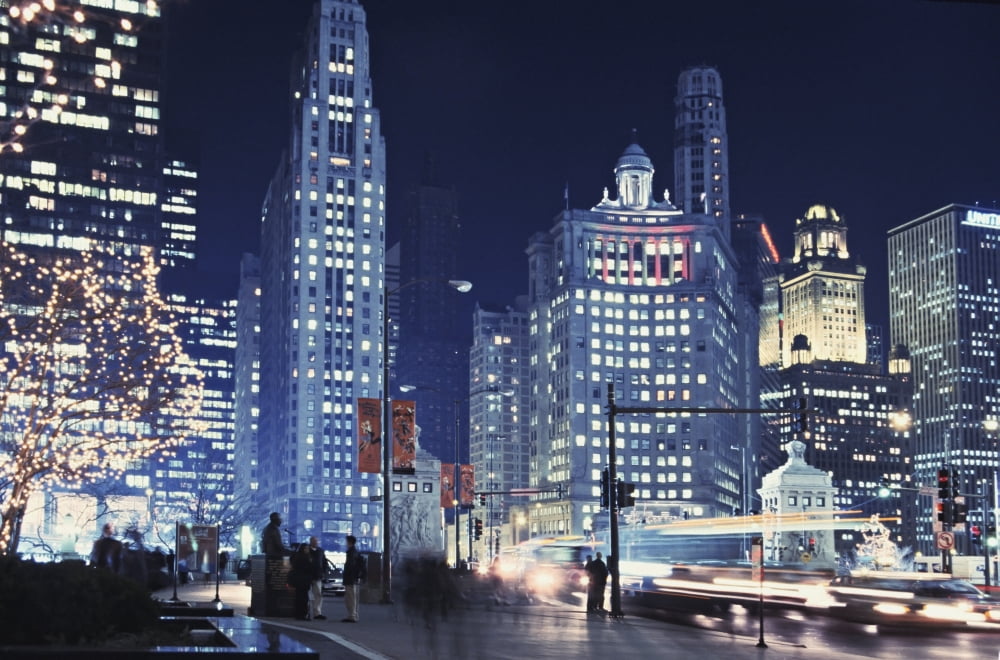 Michigan Avenue Traffic At Night With Cityscape In Background Canvas Art - Kim Karpeles Design Pics (38 x 24)
