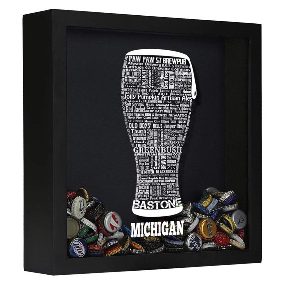Torched Michigan Beer Cap Shadow Box Wall Mount Decor 13"x13"x3" Black