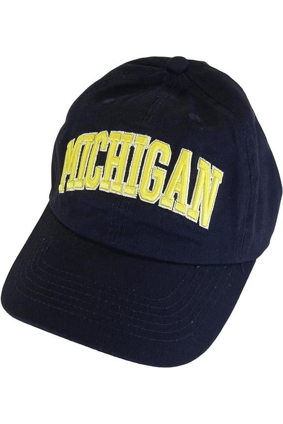 Michigan Buckle Back Adjustable Cotton Baseball Cap (Dark Blue/White Script)