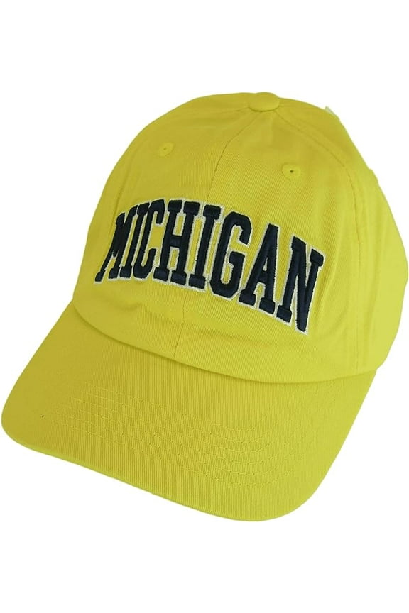 Michigan Buckle Back Adjustable Cotton Baseball Cap (Gold/Dark Blue Script)