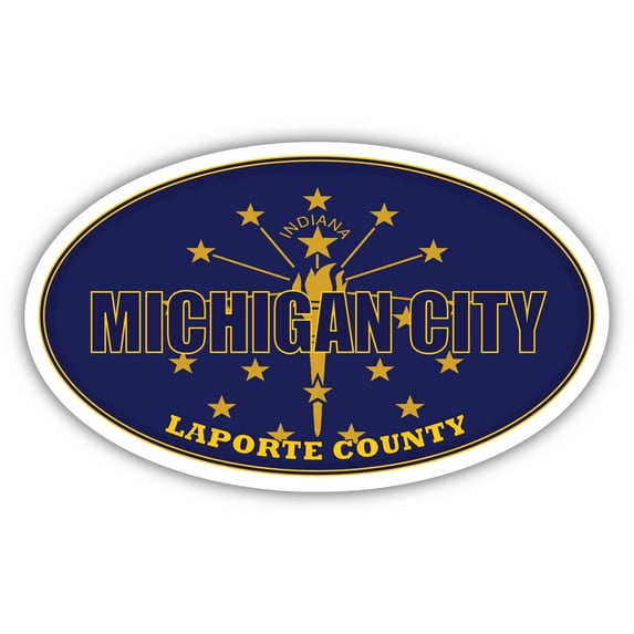 Michigan City City Indiana State Flag | IN Flag LaPorte County Oval State Colors Bumper Sticker Car Decal 3x5 inches