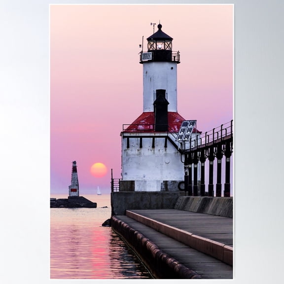 Michigan City Light And Sundown Sailboat Poster Wall Art, Modern Wall Decor For Living Room Bedroom, 24x36 UNFRAMED
