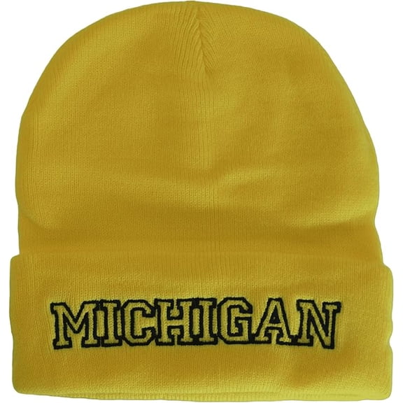 Michigan Cuffed Winter Knit Beanie Toboggan Hat (Gold/Dark Blue)