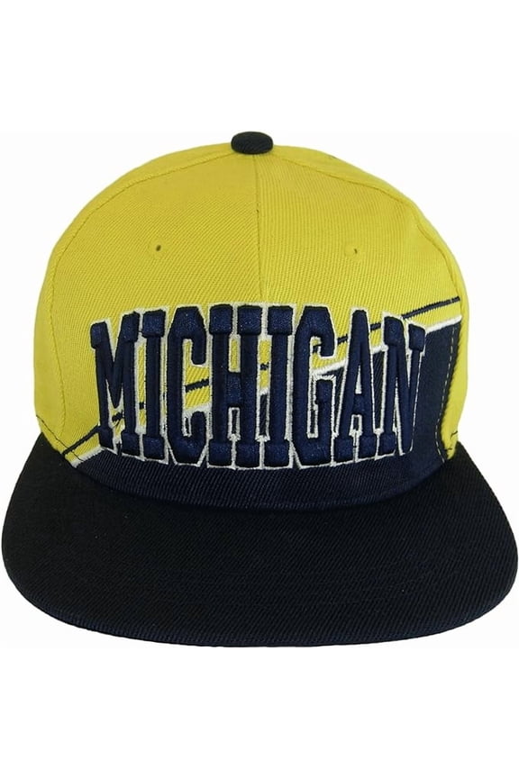 Michigan Diagonal Split Color Font Snapback Baseball Cap (Gold/Dark Blue)