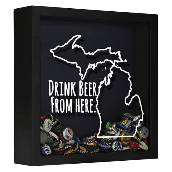 Torched Michigan Drink Beer Shadow Box Wall Mount Decor 13"x13"x3" Black