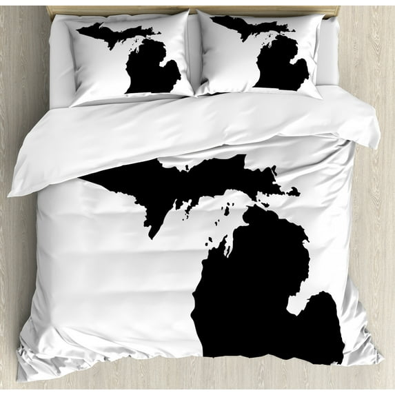 Michigan Duvet Cover Set Queen Size, Abstract Black Silhouette Map of Michigan Geography Cartography Themed Print, Decorative 3 Piece Bedding Set with 2 Pillow Shams, Black and White, by Ambesonne