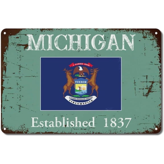 Michigan Established Metal Sign, 12x8 in State Flag Wall Decor, Retro Metal Plaque for Living Room, Kitchen, Front Porch, Outdoor