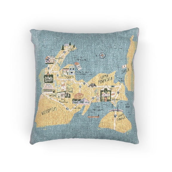 Michigan Great Lakes Map Blue, Green and Yellow Woven Pillow, Cotton-Polyester Shell, Travel Decor