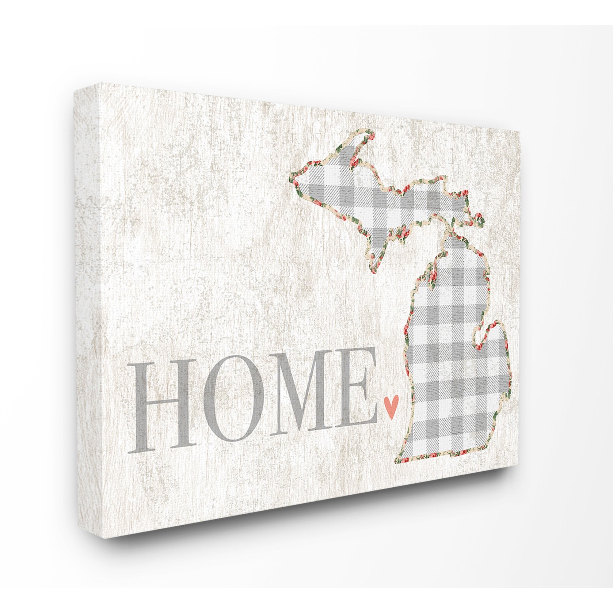 Michigan Grey Gingham and Floral Heart and Home Stretched Canvas Wall Art, 30 x 1.5 x 40