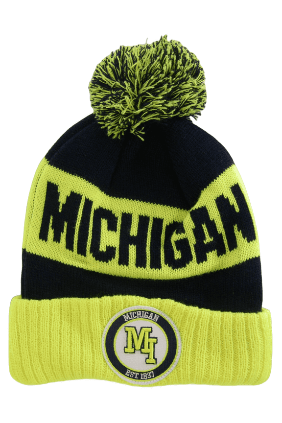 Michigan M Patch Ribbed Cuff Knit Winter Hat Pom Beanie (Gold/Navy Patch)