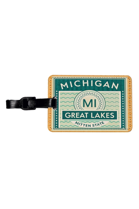 Michigan MI Great Lakes Mitten State Travel Vacation Stamp Faux Leather Travel Luggage Tag