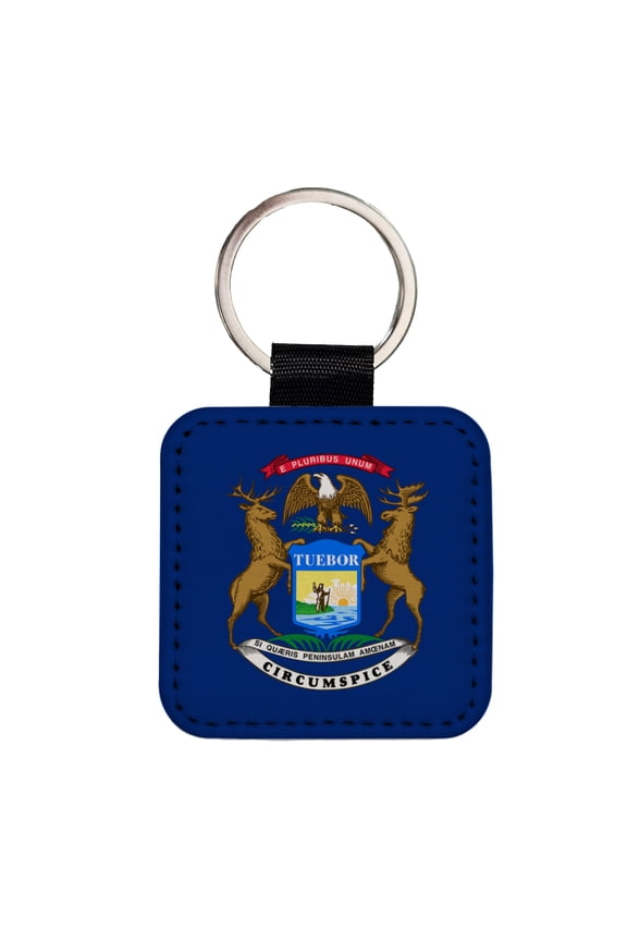 Michigan MI State Flag Faux Leather Square Keychain