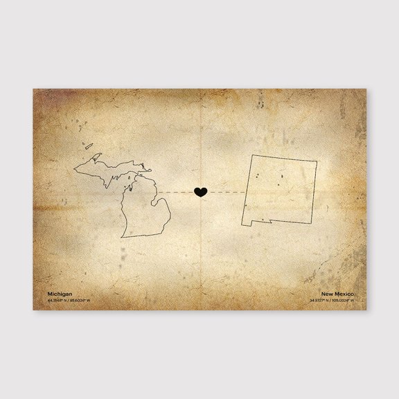 Michigan to New Mexico State Connection Map Canvas Wall Art 8x12 inch -Michigan to New Mexico State Connection Map Rustic Neutral Canvas Artwork for Living Room and Workspace Decor