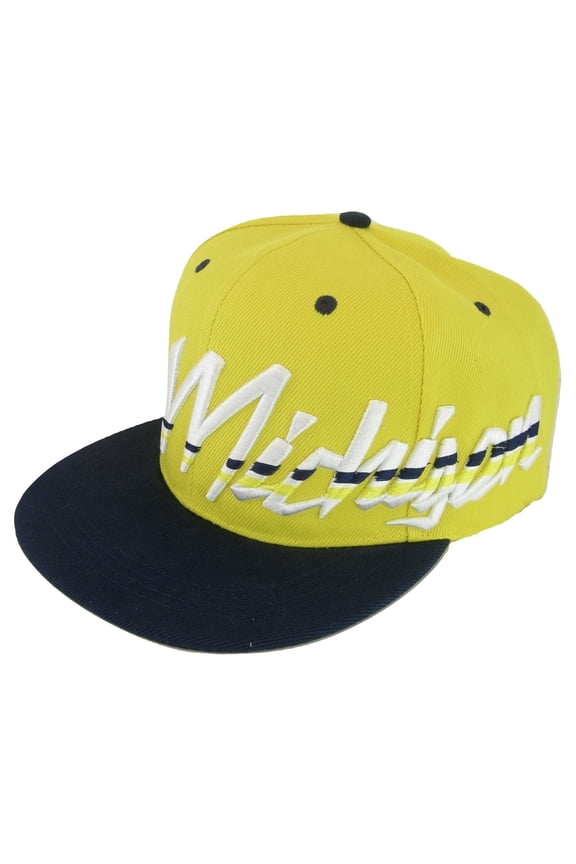 Michigan Offset Jagged Script Adult Size Adjustable Snapback Baseball Cap (Gold/Navy)