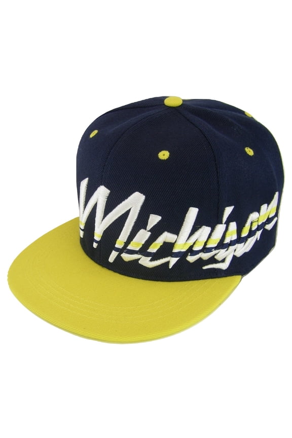 Michigan Offset Jagged Script Adult Size Adjustable Snapback Baseball Cap (Navy/Gold)